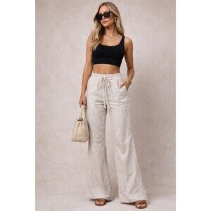 Roxy Linen Viscose Wide Leg Pants Womens Large Drawstring Beach Boho